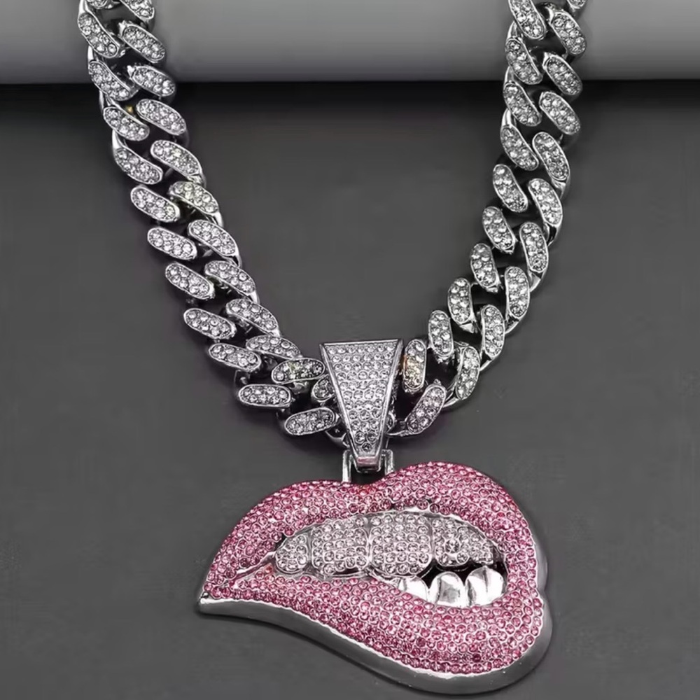Silver & Pink Lips Necklace